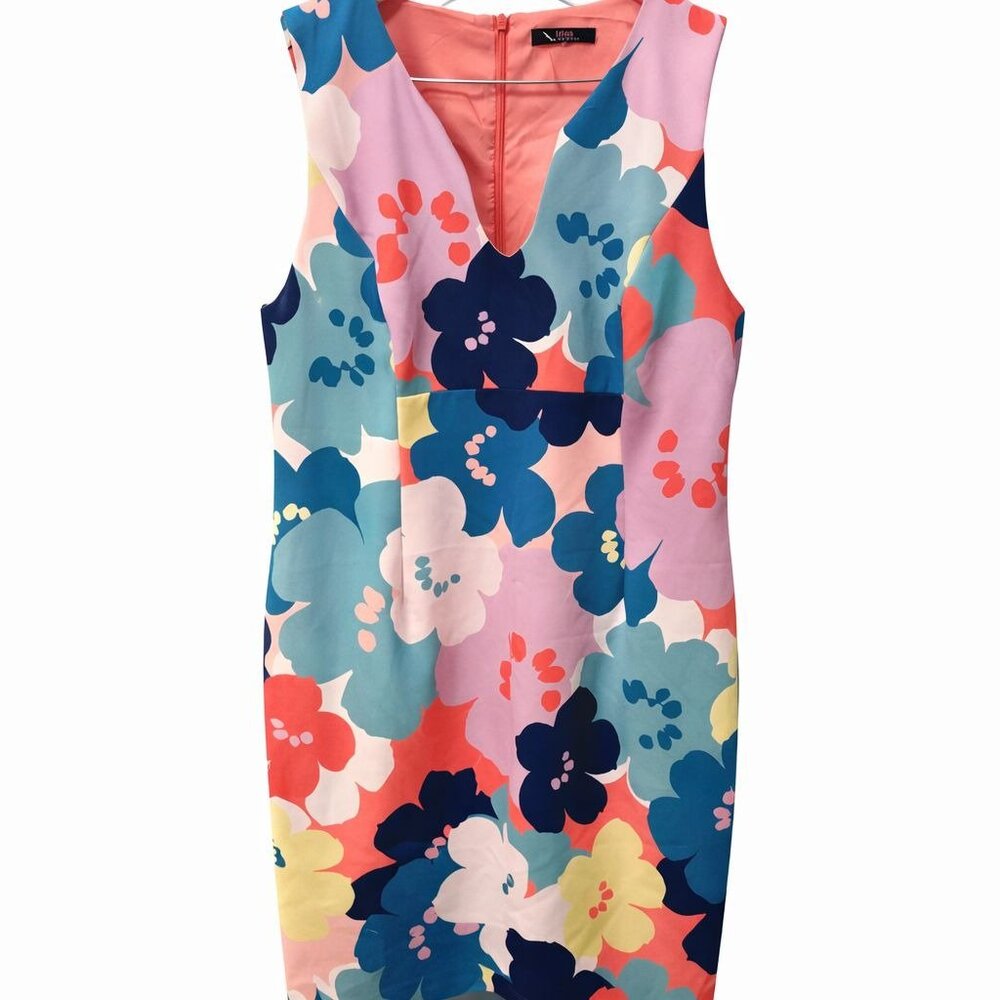 Trina by Trina Turk Coral Lily Sleeveless Floral V Neck Spring Shift Dress, XL - Picture 2 of 6